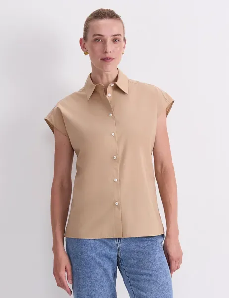 Sportscraft Pure Cotton Cap Sleeve Shirt Brown