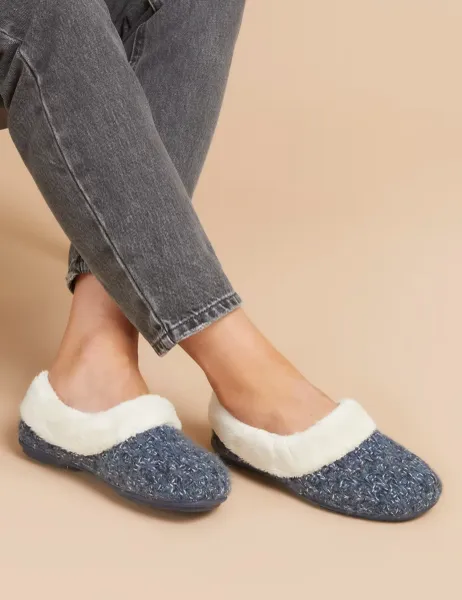 Jones Bootmaker Faux Fur Lined Round Toe Slippers Navy