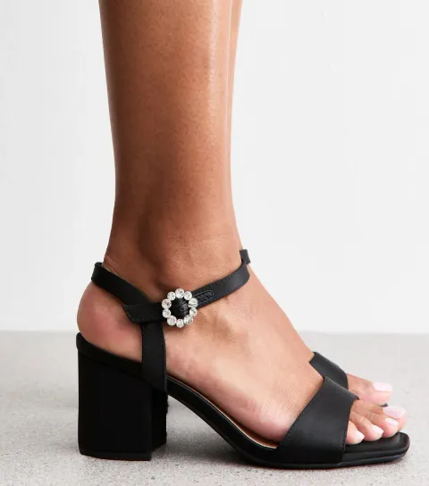Women's Wide Fit Black Satin Embellished Buckle Block Heel Sandals Vegan