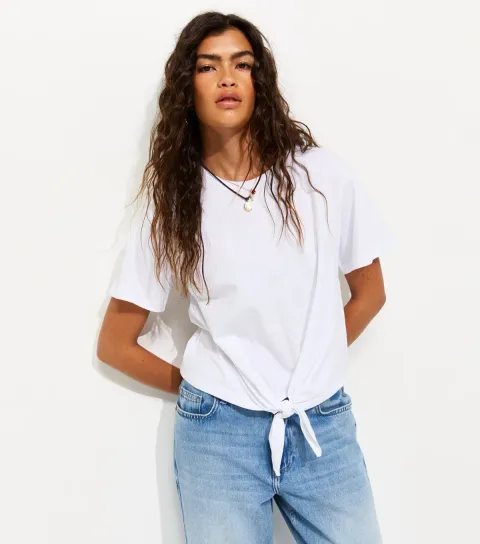 Women's White Cotton Tie Front T-Shirt