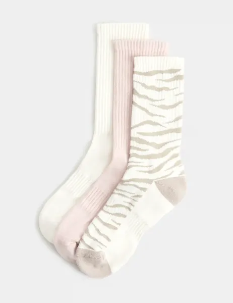 Goodmove 3 Pack Cotton Rich Animal Print Crew Socks Ivory Mix