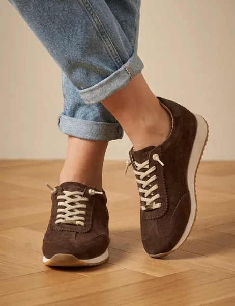 Jones Bootmaker Alenya Suede Leather Lace Up Trainers Chocolate