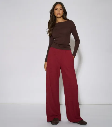 Gini London Women's Dark Red Textured Wide Leg Trousers