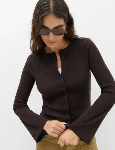 Marks & Spencer Ribbed Slim Fit Cardigan with Wool Bitter Chocolate