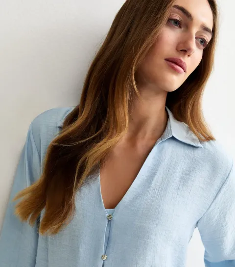 Women's Tall Blue Crinkled Cropped Sleeve Shirt