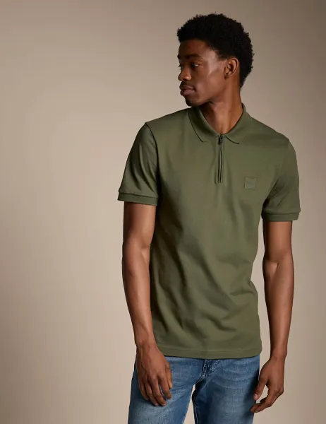 Slim Fit Cotton Rich Zip Polo Shirt Khaki