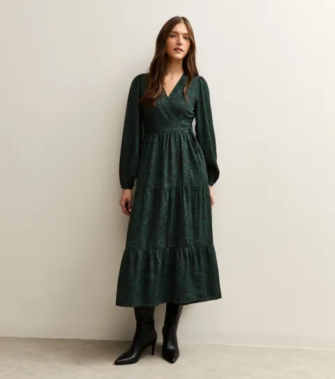 Women's Dark Green Speckled Print Crepe Wrap Midi Dress