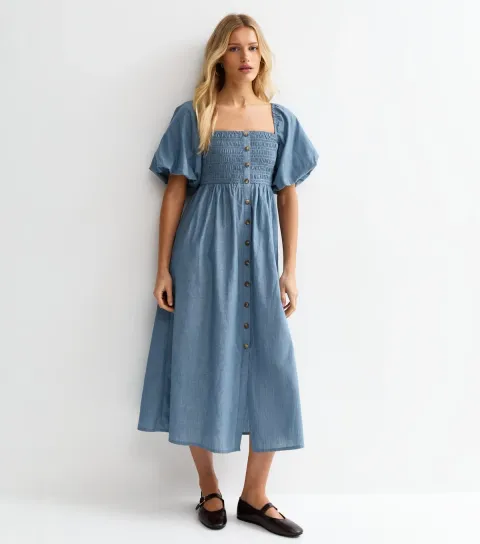 Women's Light Blue Chambray Milkmaid Midi Dress