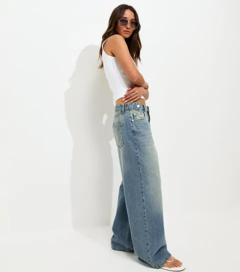 Women's Blue Distressed Wash Wide Leg Jeans