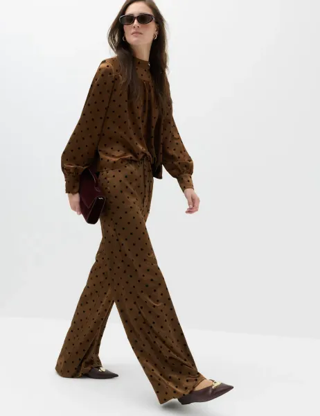 Marks & Spencer Polka Dot Satin Wide Leg Trouser Brown Mix
