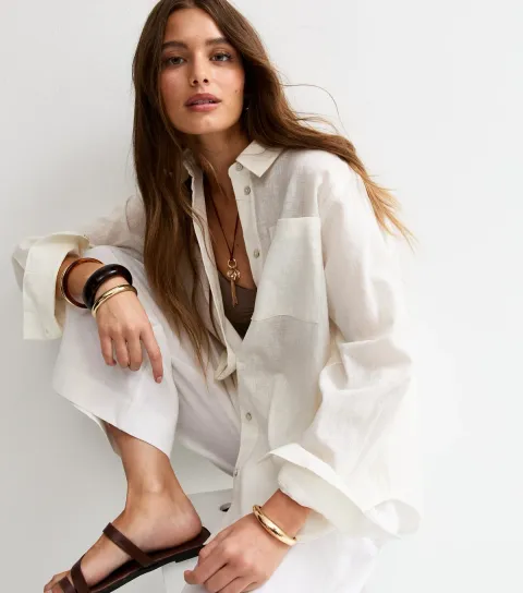 Women's White Linen Blend Long Sleeve Shirt