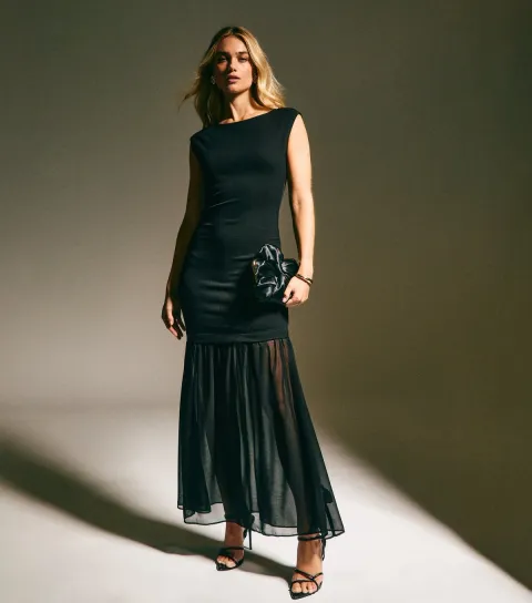 New Look Women's Black Sheer Hem Sleeveless Midi Dress