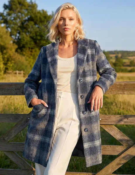 Roman Petite Checked High Neck Coat Navy Mix