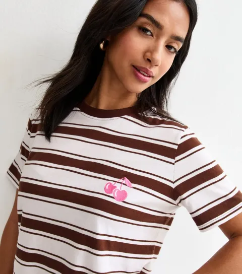 Women's Petite Brown Cotton Striped Embroidered Cherry T-Shirt