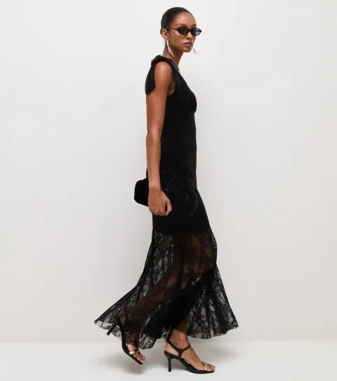New Look Women's Black Velvet Floral Lace 2 In 1 Shoulder Bow Midi Dress