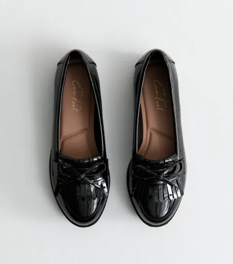 Women's Black Faux Patent Tassel Trim Loafers Vegan
