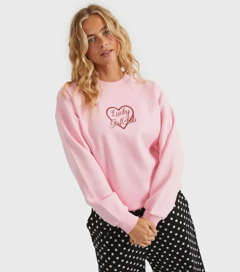 Women's Clothing Pink Embroidered Lucky Girl Club Sweatshirt