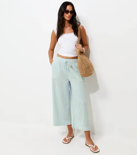 Women's Blue Striped Linen Rich Cropped Wide Leg Trousers
