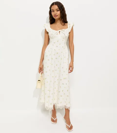 Women's Petite Cream Floral Print Milkmaid Midi Dress