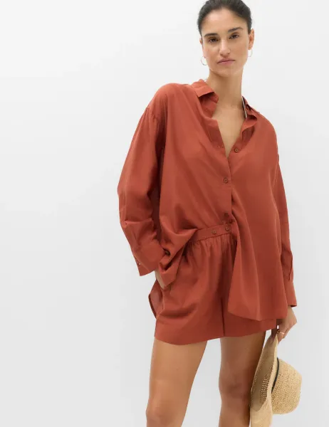 Marks & Spencer Cotton Rich Collared Beach Cover Up Shirt Redwood
