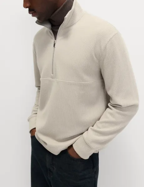 Marks & Spencer Cotton Rich Textured Half Zip Sweatshirt Natural