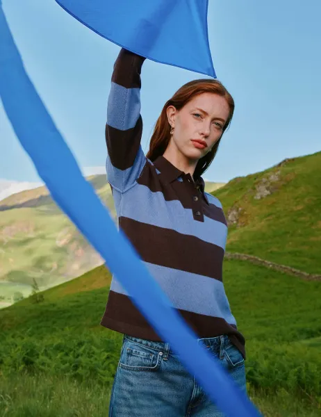 Wool Blend Striped Collared Jumper Blue Mix