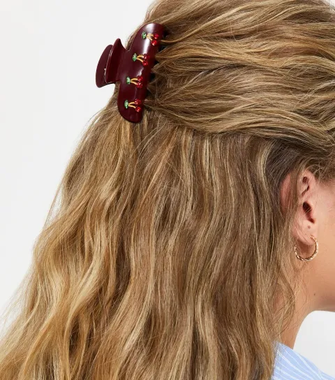 Dark Burgundy Cherry Gem Embellished Hair Claw Clip