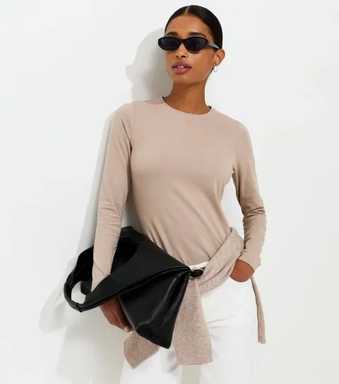 New Look Women's Mink Cotton Rich Crew Neck Long Sleeve T-Shirt