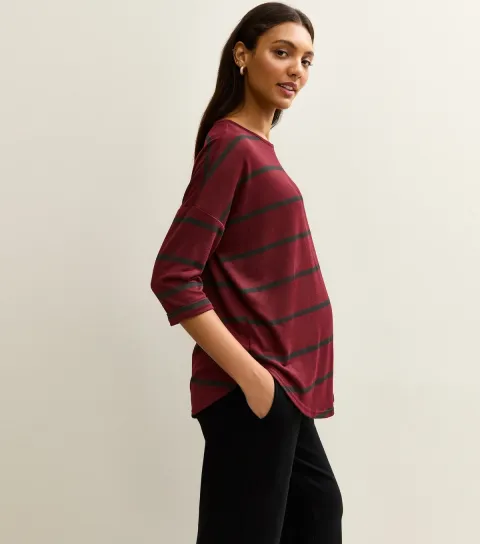 Women's Maternity Red Soft Touch Striped Long Sleeve Top
