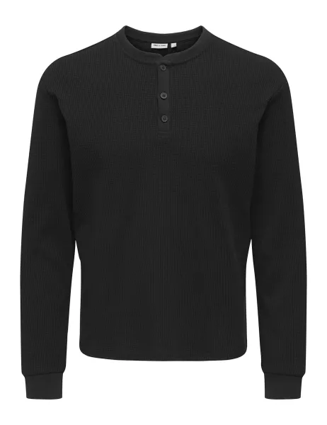Only & Sons Jersey Henley Long Sleeve Top Black
