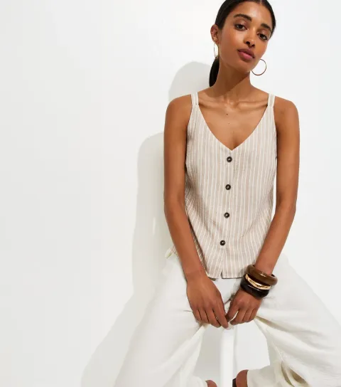 Women's Cream Stripe Button Cami V Neck Top