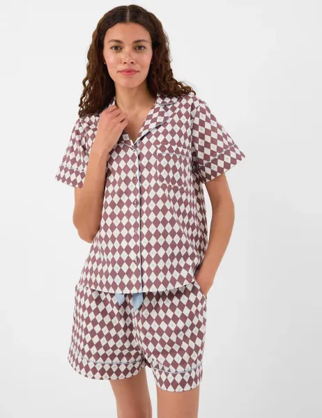 Accessorize Pure Cotton Diamond Print Shortie Set Brown Mix