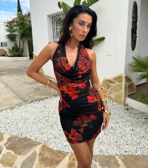 Women's Black Floral Print Cowl Neck Mesh Mini Dress