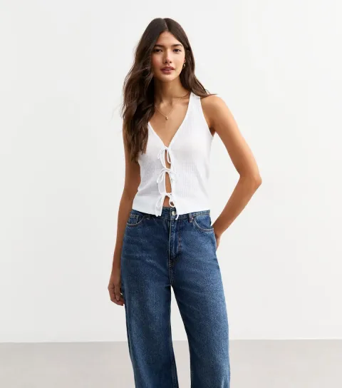 Women's White Ribbed Pointelle Effect Tie Front Vest