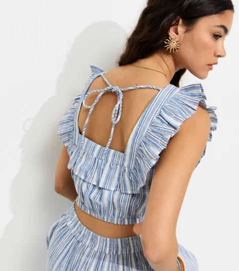 New Look Women's Blue Cotton Stripe Frill Crop Top