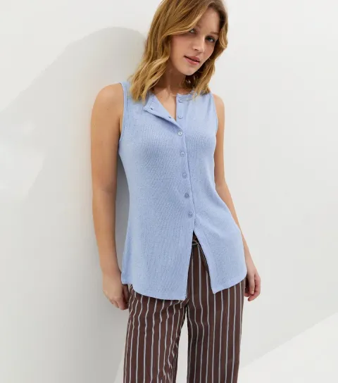New Look Women's Light Blue Textured Soft Touch Button Front Waistcoat