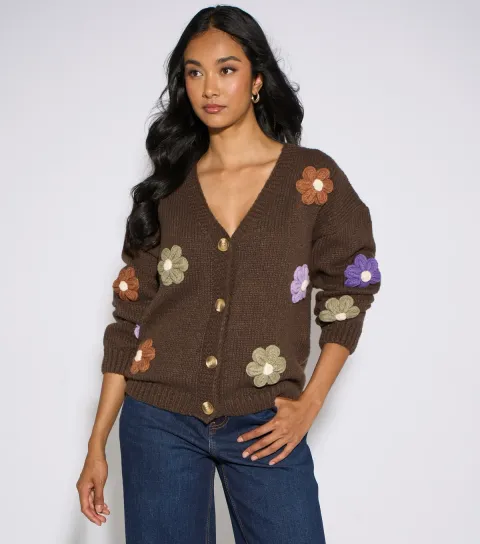 Women's Brown Chunky Knit Floral Embroidered Cardigan