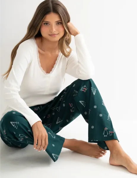 Pour Moi Ribbed Lace Trim Christmas Pyjama Set Dark Green Mix