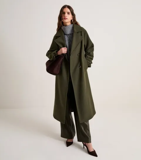 New Look Women's Premium with Wool Dark Khaki Double Breasted Coat