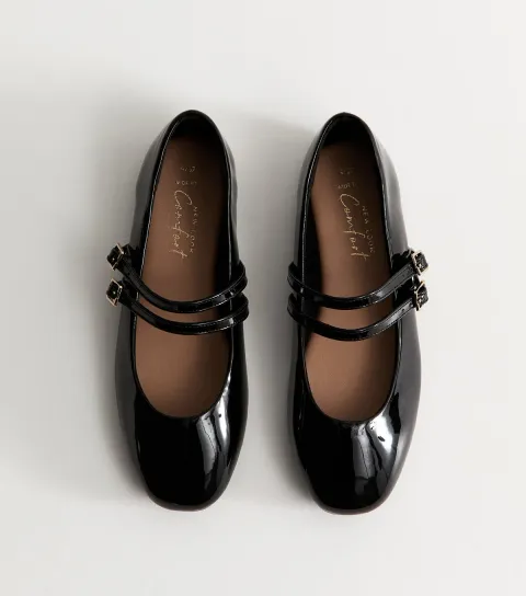 Women's Wide Fit Black Faux Patent Leather Double Strap Mary Jane Sandals Vegan