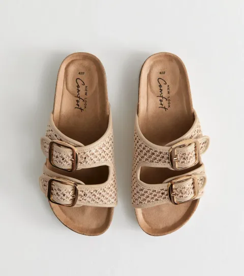 Women's Off White Raffia Look Buckled Strap Mule Sandals
