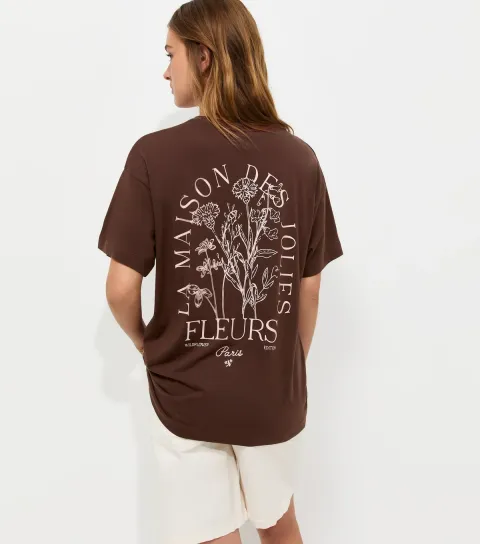 Women's Dark Brown Cotton Paris Oversized T-Shirt