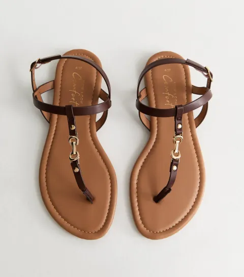 New Look Women's Brown Faux Leather Metal Toe Post Sandals Vegan