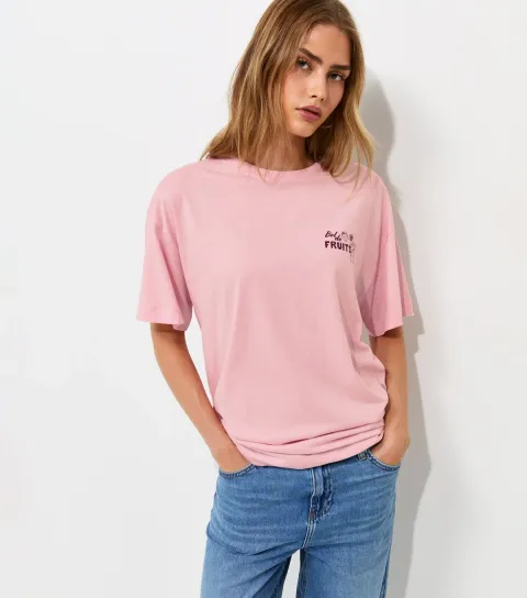 Women's Light Pink Cotton Bol de Fruits Print Oversized T-Shirt