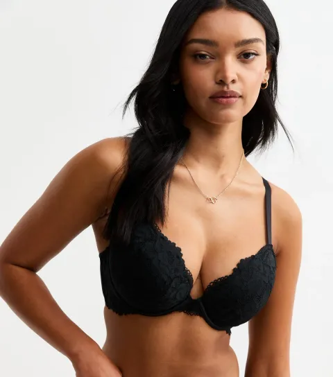 Women's Black DD+ Floral Lace Plunge Bra
