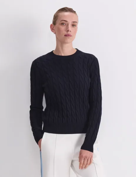 Pure Merino Wool Cable Knit Crew Neck Jumper Navy