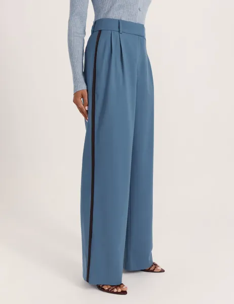Wool Rich Pleated Straight Leg Suit Trousers Blue