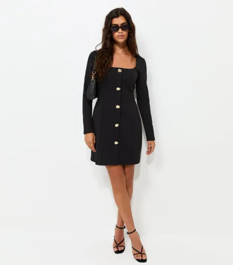 Women's Black Square Neck Long Sleeve Mini Dress