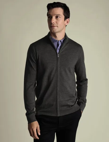 Charles Tyrwhitt Pure Wool Funnel Neck Zip Up Jumper Grey
