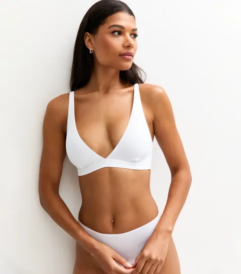 Women's White Deep V-Neck Non Wired Bra
